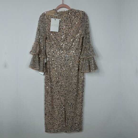 FLAW Mac Duggal Fully Sequined Ruffle Tiered 3/4 Sleeve Midi Dress Nude 8 #A0081 - Picture 6 of 11